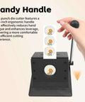 37mm Round Manual Card Badge Cutter With 3.15 Inch Labor Saving Handle in use, showing ergonomic design and cutting results.