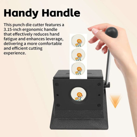 37mm Round Manual Card Badge Cutter With 3.15 Inch Labor Saving Handle in use, showing ergonomic design and cutting results.
