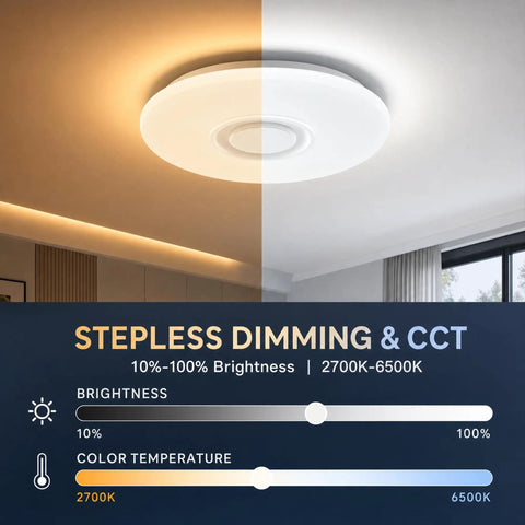 Displaying Dimmable 15 Inch LED Ceiling Light With Bluetooth Speaker, 24W, App Control, in a bedroom with dimming options.