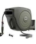 Retractable Garden Hose Reel With Automatic Rewind Easy Setup Wall Mounted 100 Ft Seaweed Green showing hose, nozzle, connectors