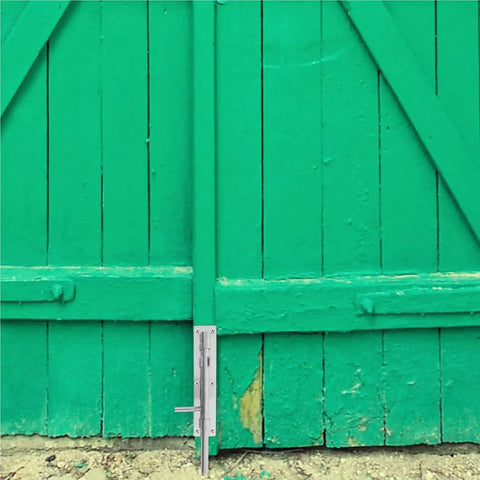No Brainer Heavy Duty Stainless Steel Slide Bolt Latch Set For Fence Gates And Wood Sheds on green wooden double gate.