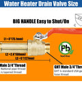 Lead Free Brass Water Heater Drain Valve With Three Quarter Inch MIP To Three Quarter Inch Male GHT Connection Full Port High Flow Up To 250 PSI with red handle and size details.