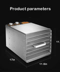 Six Layer Stainless Steel Food Dehydrator 17in x 11.6in x 11.8in with steel racks for drying fruits and jerky.