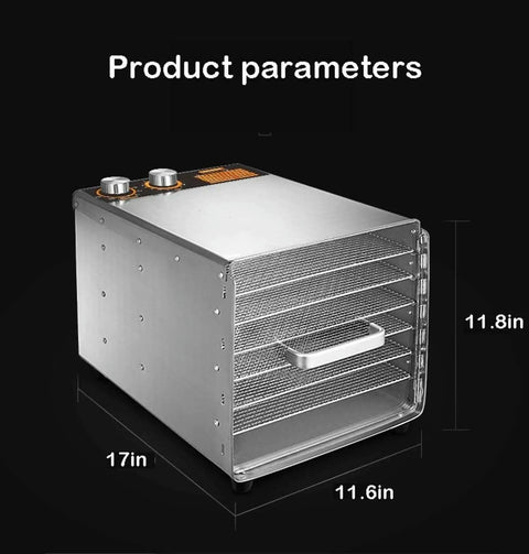 Six Layer Stainless Steel Food Dehydrator 17in x 11.6in x 11.8in with steel racks for drying fruits and jerky.