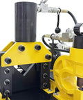 Close-up view of the hydraulic mechanism on the Shop Ready Electric Hydraulic 3 In 1 Angle Iron Processor.