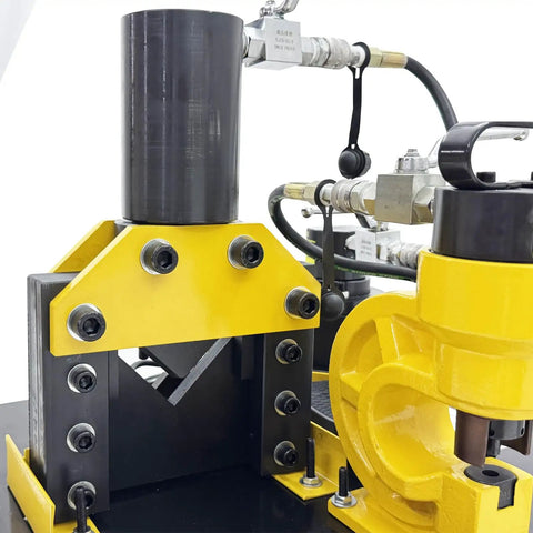 Close-up view of the hydraulic mechanism on the Shop Ready Electric Hydraulic 3 In 1 Angle Iron Processor.
