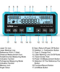 Dual Laser Distance Meter With Bidirectional Laser Emission And Vertical Laser Line Electronic Level Measures In Meters Feet And Inches 393 Feet Range Finder For DIYers Contractors And Pros front view with labeled buttons