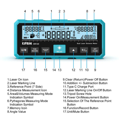 Dual Laser Distance Meter With Bidirectional Laser Emission And Vertical Laser Line Electronic Level Measures In Meters Feet And Inches 393 Feet Range Finder For DIYers Contractors And Pros front view with labeled buttons