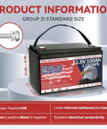 12V 100Ah LiFePO4 Battery With Built In 100A BMS, product dimensions, terminal details, energy capacity displayed.
