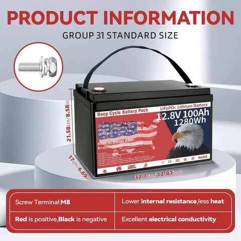 12V 100Ah LiFePO4 Battery With Built In 100A BMS, product dimensions, terminal details, energy capacity displayed.