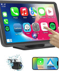 Touchscreen of 7 Inch Wireless CarPlay And Android Auto Portable Stereo with icons and hand tapping, backup camera and logo displayed.