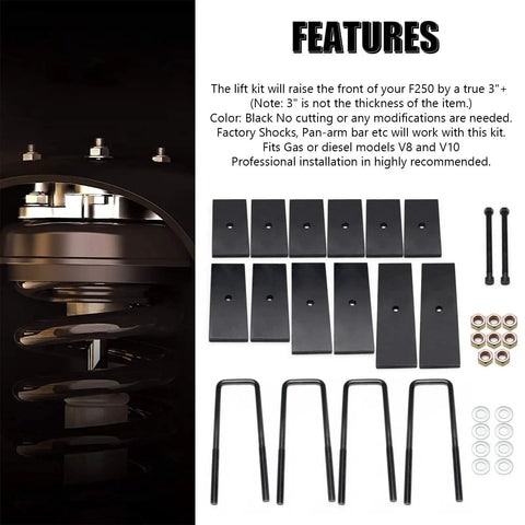 Heavy Adjustable Front Leveling Lift Kit For 1999 To 2004 Ford F250 F350 Super Duty 4X4 components, black coil spacers and hardware.