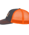 Side view of Mens Dope Fashionable Trucker Hat for Running with adjustable buckle, orange mesh, one size fits most for all-season wear.