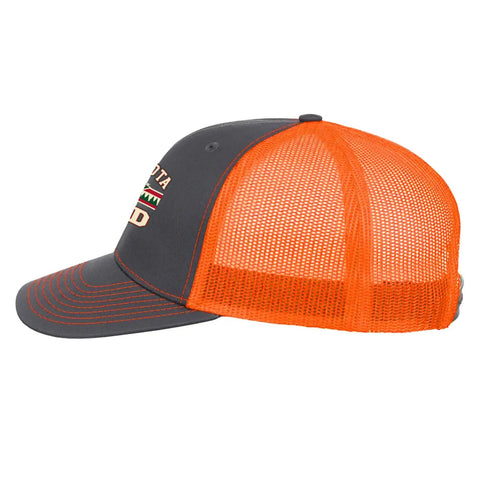 Side view of Mens Dope Fashionable Trucker Hat for Running with adjustable buckle, orange mesh, one size fits most for all-season wear.