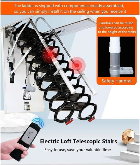 Heavy Duty Electric Pull Down Attic Ladder With Smooth Remote Control And Top Shelf Adjustable Handrails For Hassle Free Loft Access And Solid Ceiling Mount Installation featuring assembled components for easy installation and adjustable handrails.
