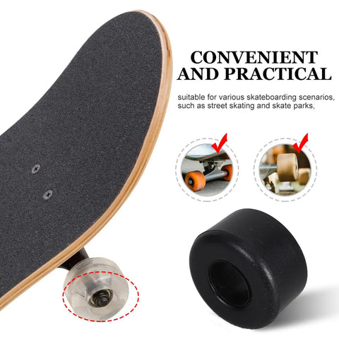 Black vibration pad next to skateboard wheel showing 10 Pack PU Shock Absorbing Cushions For Roller Skates Black Vibration Pads For Double Row Quad Skates Universal Fit Skate Hardware Quiet Ride Durable Impact Dampening.
