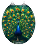 Round Majestic Peacock Chinoiserie Gold Feather Display Ornate Toilet Seat featuring vibrant peacock design on a sturdy resin lid.
