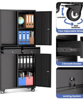 Heavy Duty 73 Inch Metal Storage Cabinet With Locking Doors And Adjustable Shelves For Garage Or Shop Built To Last Rugged Tool Cabinet With Two Drawers And Rust And Scratch Resistant Powder Coat Finish featuring adjustable shelves, locking system, and wheels.