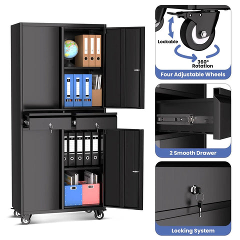 Heavy Duty 73 Inch Metal Storage Cabinet With Locking Doors And Adjustable Shelves For Garage Or Shop Built To Last Rugged Tool Cabinet With Two Drawers And Rust And Scratch Resistant Powder Coat Finish featuring adjustable shelves, locking system, and wheels.