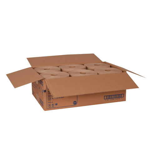 Open box showing Natural Paper Hand Towel Roll H21 100 Percent Recycled Fiber Universal Fit 6 Rolls 800 Feet Each Eco Friendly