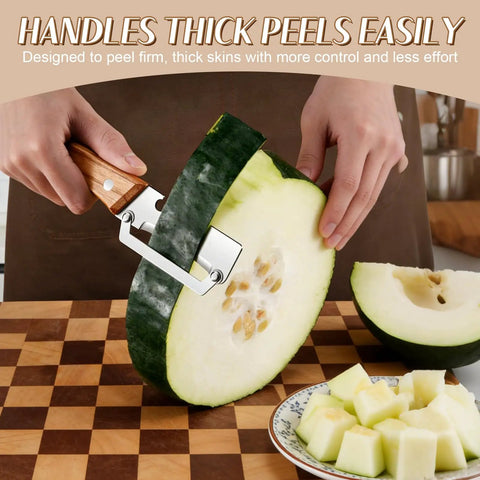 All In One Vegetable Peeler With Wooden Handle And Wide Stainless Steel Blade peeling a large squash on a cutting board.