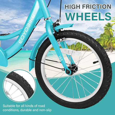 16 Inch Tricycle For Beginners With Stable Three Wheel Design, Low Step Through Frame For Easy On And Off, Ideal For Small Riders Ages 4 To 9, Durable Metal Build, Smooth Safe Ride For Confidence On Every Spin, front wheel close-up