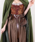 Badass Brown Leather Belt Pouch For Medieval Renaissance And Viking Larp Cosplay on brown skirt with green cloak.