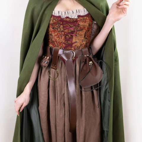 Badass Brown Leather Belt Pouch For Medieval Renaissance And Viking Larp Cosplay on brown skirt with green cloak.