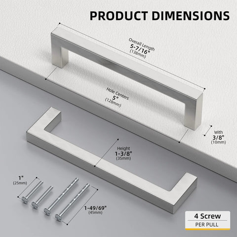 Diagram showing dimensions of 30 Pack 5 Inch Brushed Nickel Cabinet Pulls Square Drawer Handles for Kitchen Cabinets Cupboards and Dressers