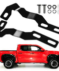 Upgrade Hood Hinge Ditch Light Mount Brackets For Toyota Tacoma 2016 To 2021 3rd Gen with red truck and mounting hardware