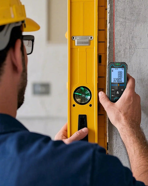 Ultra Accurate Laser Tape Measure 328 Feet With Dual Bubble Levels, Portable Digital Distance Tool, Quick Measurements In Inches Feet Meters, Laser Measure With 5 Unit Conversions on wall level