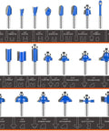 24 Piece 1/4 Inch Shank Router Bit Set With Tungsten Carbide Blades For Woodworking, various bit types displayed in rows