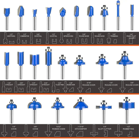 24 Piece 1/4 Inch Shank Router Bit Set With Tungsten Carbide Blades For Woodworking, various bit types displayed in rows