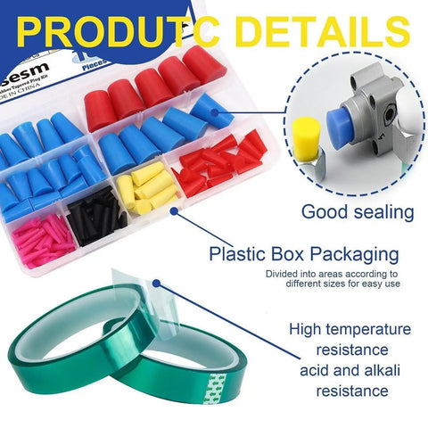 Heavy Duty Silicone Tapered Plug Kit Assortment 120 Pcs High Temp Resistant Hole Plugs Perfect For Media Blasting And Coating Jobs Portable Storage Box Included With Sizes From 1/16 Inch To 5/8 Inch, assorted silicone tapered plugs in plastic box