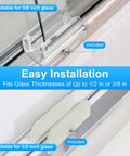 Sliding Shower Door Bottom Track Set For Glass Doors Compatible With One Half Inch And Three Eighth Inch Grooves Includes Two Tracks For Seven Sixteenths Inch And Five Sixteenths Inch Glass Doors Durable Material For Long Lasting Performance showing easy installation with glass panels.