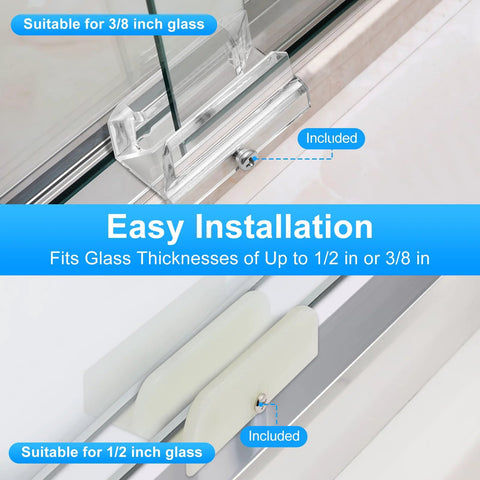 Sliding Shower Door Bottom Track Set For Glass Doors Compatible With One Half Inch And Three Eighth Inch Grooves Includes Two Tracks For Seven Sixteenths Inch And Five Sixteenths Inch Glass Doors Durable Material For Long Lasting Performance showing easy installation with glass panels.