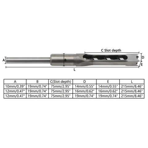 Pro Grade Three Piece Woodworking Square Hole Drill Bit Set With Mortising Chisels And Countersink Bits, High Carbon Steel, dimensions chart