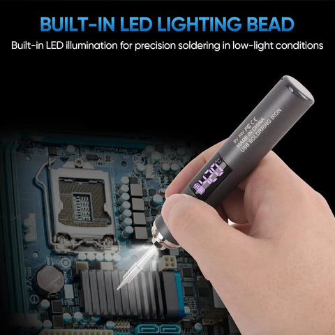 Cordless Soldering Iron Kit With USB C PD Rechargeable Battery, soldering pen with OLED display in use on a circuit board