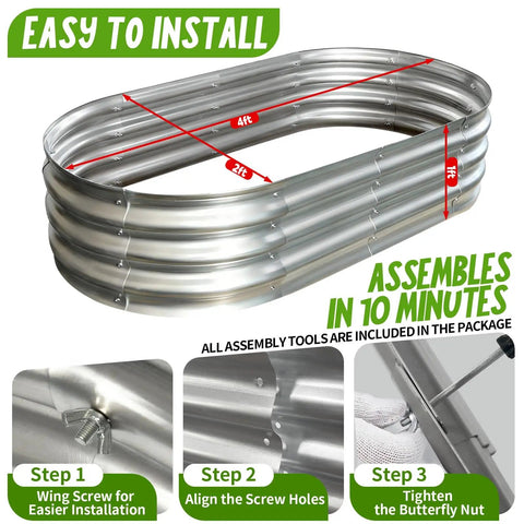 Galvanized Raised Garden Bed Kit Outdoor Oval Planter Boxes For Vegetables Fruits And Flowers Heavy Duty Metal Easy Assembly 4x2x1 Ft Per Bed 2 Pack Silver, showing assembly steps.