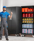 Beefy 71 Inch Metal Garage Storage Cabinet On Wheels with locking doors, open revealing four shelves, in garage setting.