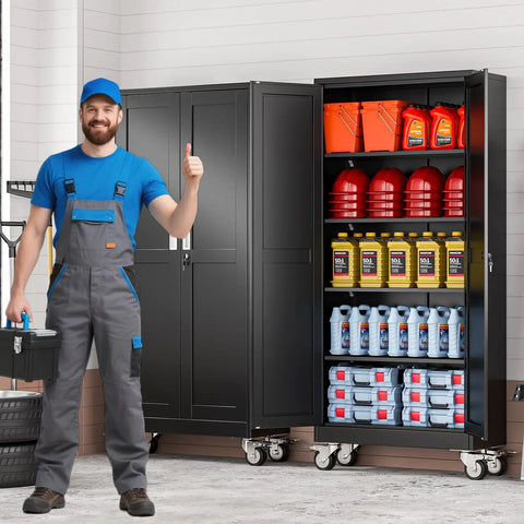 Beefy 71 Inch Metal Garage Storage Cabinet On Wheels with locking doors, open revealing four shelves, in garage setting.