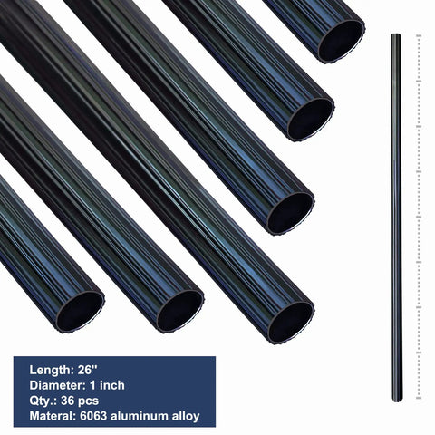 1 Inch Round Deck Balusters 26 Inch Matte Black Aluminum Spindles With Connectors And Screws, Grooved Hollow Balusters For Deck Railing Porch Staircase No Fuss Install, Heavy Duty 36 Pack Outdoor Kit