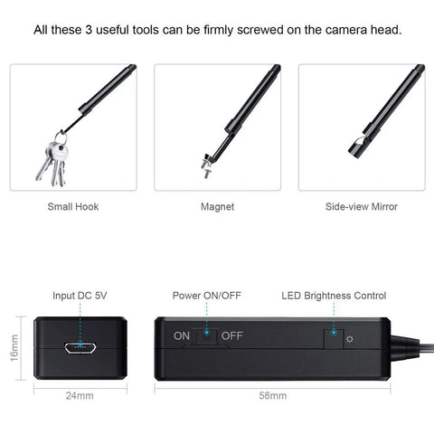 Add-ons for Wireless Endoscope Camera With Light HD Waterproof WiFi Borescope: hook, magnet, side-view mirror, control box