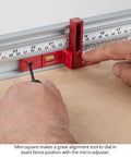 Micro Adjustable Miter Fence Stop System With Combo Track And Quick Flip Stops To Nail Your Cuts On Any Miter Saw Made In Usa Zero Hassle Precision Setup with red mini-square alignment tool.