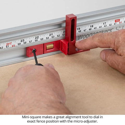 Micro Adjustable Miter Fence Stop System With Combo Track And Quick Flip Stops To Nail Your Cuts On Any Miter Saw Made In Usa Zero Hassle Precision Setup with red mini-square alignment tool.