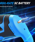 DISEN Cordless Electric Scissors With 3000Mah Lithium Battery 4 Blades Safety Lock And Led Light 240Rpm Rechargeable showing blue battery and charging port.