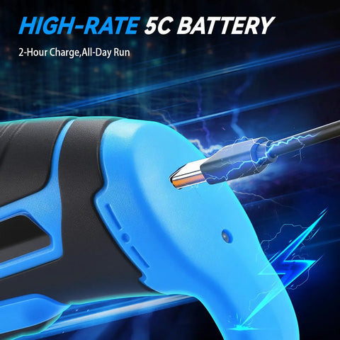 DISEN Cordless Electric Scissors With 3000Mah Lithium Battery 4 Blades Safety Lock And Led Light 240Rpm Rechargeable showing blue battery and charging port.