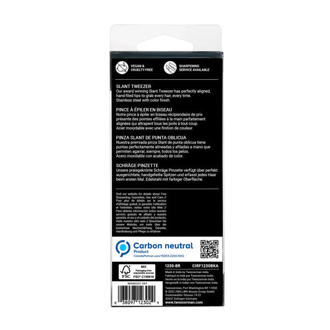Back packaging of Slant Tweezers For Eyebrows In Midnight Sky Finish with multi-language details.