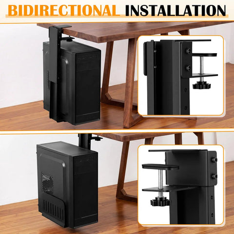 Big Time Space Saver Heavy Duty Clamp Under Computer Tower Stand Adjusts To Cpu Cases fastened under a wooden desk.