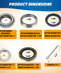 Product dimensions of Road Ready Trailer Bearing Rebuild Kit Designed For 2000 To 2200 Pound Axles with detailed measurements.